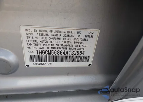 2004 Honda Accord 2.4 Ex from USA, damaged, VIN 1HGCM56864A132984